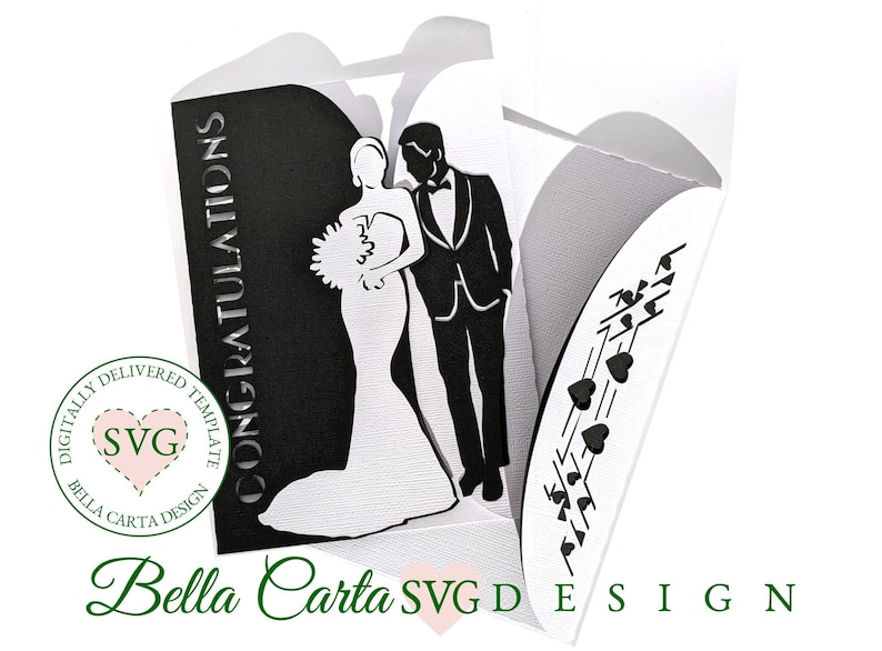 Elegant Wedding Gate Fold 5X7  Card SVG by Bella Carta Design template for Cricut cutting machines features a bride and groom in classic black and white.