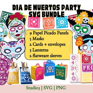 Celebrate the vibrant traditions of Dia de Los Muertos with our Day of the Dead Party Bundle SVG Templates.  The Day of the Dead Party 3D SVG Template Bundle includes: 9 Papel Picado Panels; 5 Masks ;2 Cards plus Envelopes; 3 Lanterns; 2 sleeves