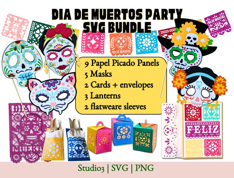 Celebrate the vibrant traditions of Dia de Los Muertos with our Day of the Dead Party Bundle SVG Templates.  The Day of the Dead Party 3D SVG Template Bundle includes: 9 Papel Picado Panels; 5 Masks ;2 Cards plus Envelopes; 3 Lanterns; 2 sleeves