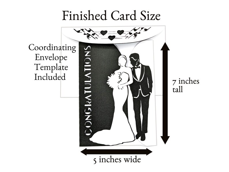 Elegant Wedding Gate Fold Card SVG by Bella Carta Design for Cricut measures 5 inches X 7 inches and fits into the coordinating A7 envelope template included.