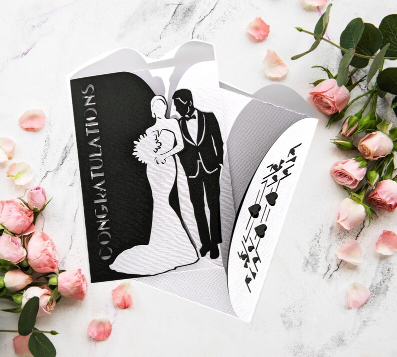 Elegant Wedding Gate Fold Card SVG by Bella Carta Design template for Cricut cutting machines features a bride and groom in classic black and white.