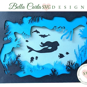 Carte SVG 3D en couches sous la mer avec sirène, baleine et vie marine pour Cricut et Silhouette