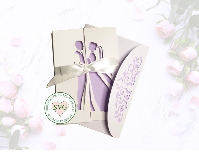 Wedding card or invitation featuring a bride and groom cut out of white cardstock revealing a lavender background