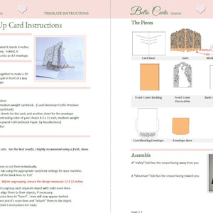 Instructions for cutting and making the pop-up card featuring a bride and groom silhouette with intricate, ornate background designs.