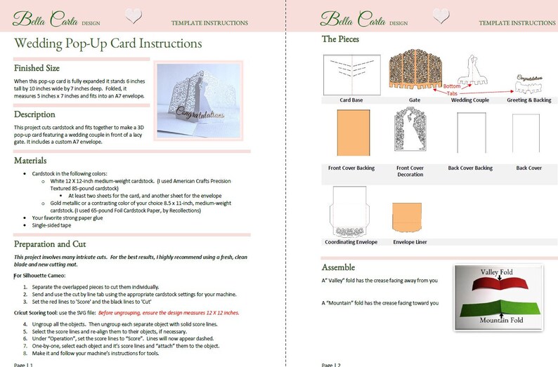 Instructions for cutting and making the pop-up card featuring a bride and groom silhouette with intricate, ornate background designs.