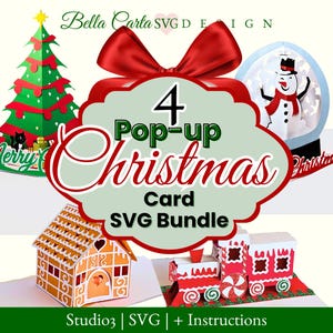 May include: A bundle of four pop-up Christmas card SVG designs. The cards feature a Christmas tree, a gingerbread house, a snow globe with a snowman, and a train. The cards are red, green, white, and orange. The image text reads "4 Pop-up Christmas Card SVG Bundle".