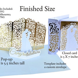 Elegant gold and white pop-up card featuring a bride and groom silhouette with intricate, ornate background designs. 7-inch tall by 5-inch wide gatefold card