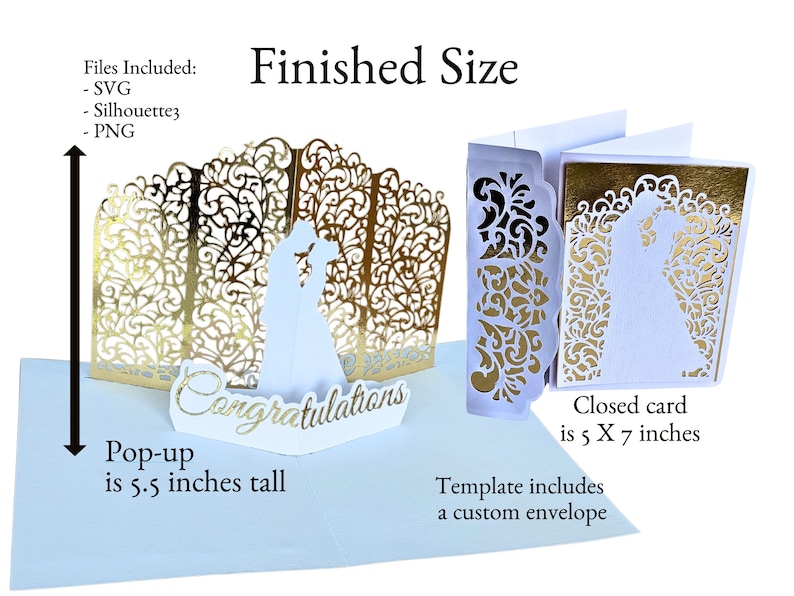 Elegant gold and white pop-up card featuring a bride and groom silhouette with intricate, ornate background designs. 7-inch tall by 5-inch wide gatefold card
