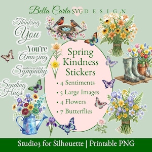 Spring Kindness Stickers – Watercolor Florals, Butterflies, Sentiments (Digital Download)