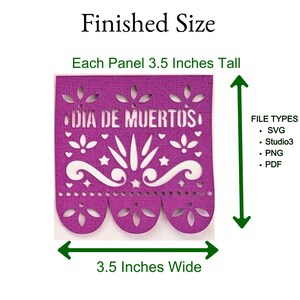 This image shows a vibrant purple Papel Pical panel with traditional cutout decorations and the words: Dia de Muertos”. The finished size of each Day of the Dead Papel Picado Panel is 3.5 square.