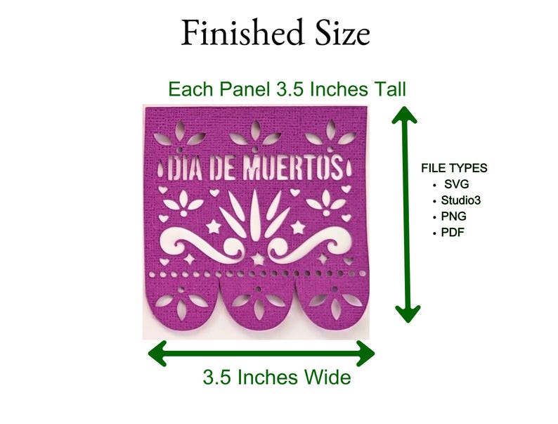 This image shows a vibrant purple Papel Pical panel with traditional cutout decorations and the words: Dia de Muertos”. The finished size of each Day of the Dead Papel Picado Panel is 3.5 square.