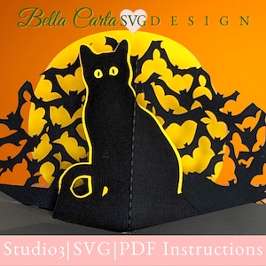 Carte pop-up Chauves-souris, chat et lune Modèle 3D SVG pour machines de découpe Cricut et Silhouette