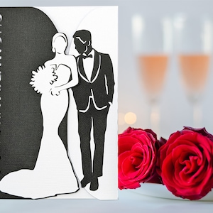 Elegant Wedding Gate Fold Card SVG by Bella Carta Design template for Cricut cutting machines features a bride and groom in classic black and white.
