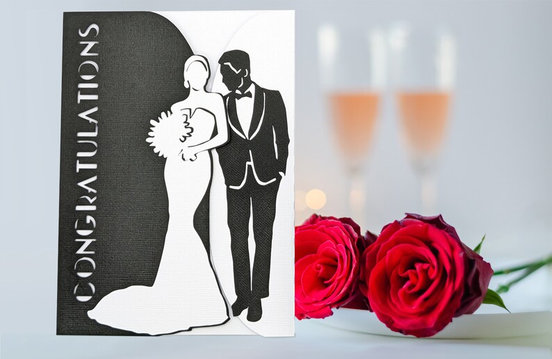 Elegant Wedding Gate Fold Card SVG by Bella Carta Design template for Cricut cutting machines features a bride and groom in classic black and white.