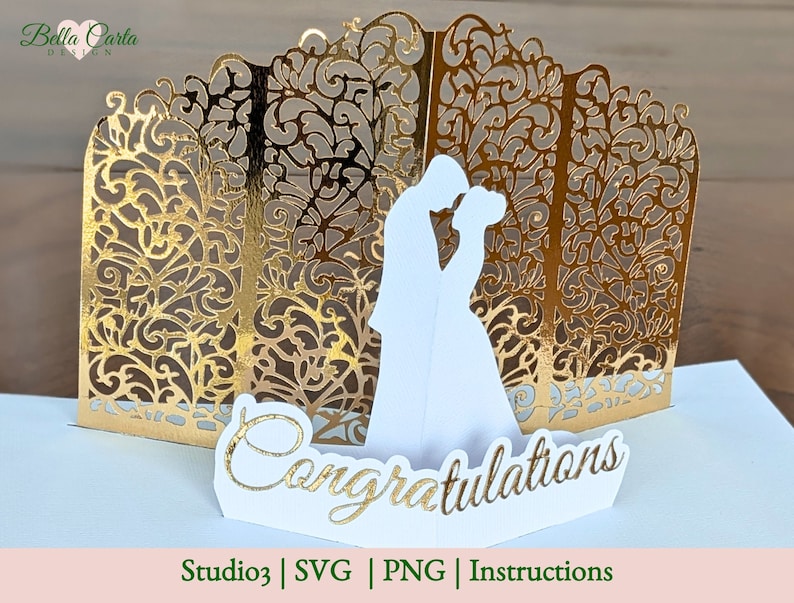 Elegant gold and white pop-up card featuring a bride and groom silhouette with intricate, ornate background designs. 7-inch tall by 5-inch wide gatefold card