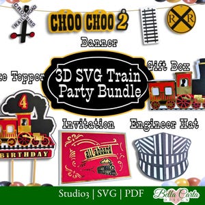 May include: A 3D SVG train party bundle featuring a cake topper with a red and gold train and the number 4, a train-themed gift box, an invitation with the text all aboard, an engineer hat, a railroad crossing sign, and a banner.