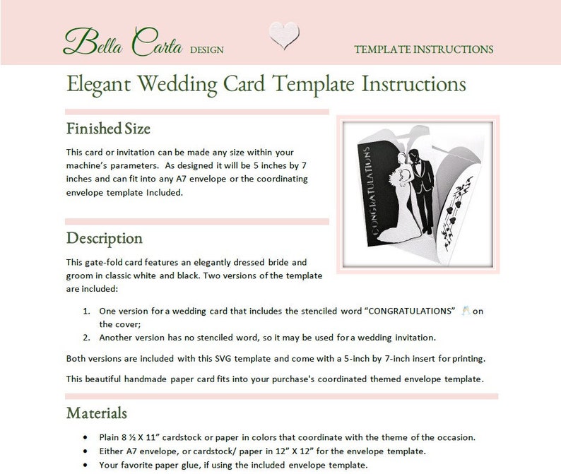 Step-by-step instructions makes it easy to cut and assemble the Elegant Wedding Gate Fold Card SVG by Bella Carta Design template for Cricut cutting machines.