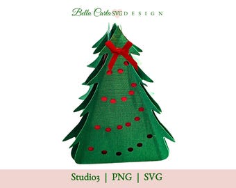 Può includere: Un albero di Natale di carta verde con un fiocco rosso e punti rossi. L'albero è un design 3D e può essere utilizzato per l'artigianato o la decorazione.