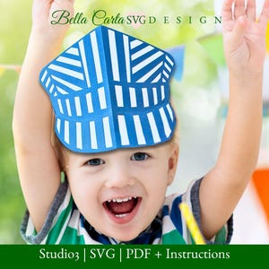 May include: A blue and white paper police hat with a striped pattern. The hat features a structured crown and a brim, displaying a geometric design. The text Bella Carta SVG DESIGN is visible at the top, and Studio3 | SVG | PDF + Instructions at the bottom.