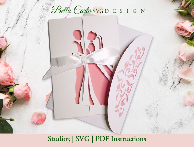 Wedding card or invitation with detailed envelope featuring a bride and groom cut out of white cardstock revealing a pink background