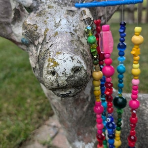 colourful boho handmade beaded up cycled wind chime, sun catcher, garden art, artisan decor, mobile with bells, bohemian indoor outdoor art