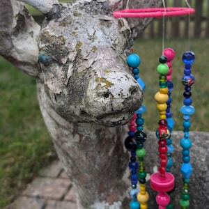 upcycled beaded windchime, colourful rainbow mobile with bells, artisan decor, handmade boho art, garden art, eclectic decor, bohemian art