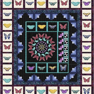May include: A colorful quilt featuring a butterfly theme. The quilt has a black center with a circular butterfly design in shades of pink, teal, and purple. The border includes squares with individual butterfly illustrations in various colors.