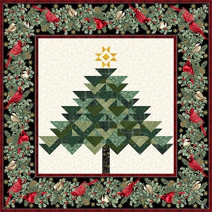 May include: A green patchwork Christmas tree with a gold star on top, surrounded by a black border with red and green holly and robins.