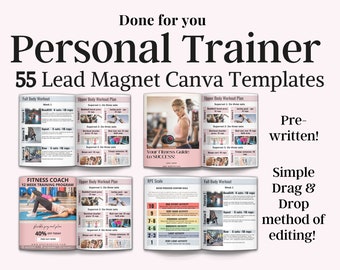 May include: A set of 55 pre-written Canva templates for personal trainers. The templates are designed to be used as lead magnets and include workout plans, fitness guides, and other helpful resources. The templates are simple to use and can be easily customized to fit your brand.