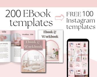 May include: A digital product bundle featuring 200 eBook templates and 100 free Instagram templates. The image shows a pink and white color scheme with a laptop, a book, and a phone displaying the templates.