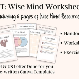 DBT Wise Mind Worksheets, DBT skills, Therapy Worksheets, Wise Mind Workbook,  Coaching Worksheets for Wise Mind, Life Coaching