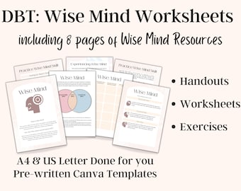 DBT Wise Mind Worksheets, DBT skills, Therapy Worksheets, Wise Mind Workbook,  Coaching Worksheets for Wise Mind, Life Coaching