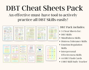 Op de afbeelding: Een set DBT-cheat sheets en flashcards. De set bevat 5 cheat sheets voor DBT-vaardigheden, mindfulness-vaardigheden, vaardigheden voor het verdragen van stress, vaardigheden voor het reguleren van emoties en vaardigheden voor interpersoonlijke effectiviteit. Het bevat ook 44 DBT-flashcards en een dagelijkse DBT-vaardigheden-tracker.