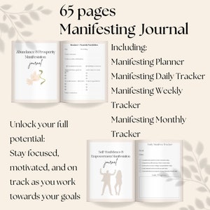 K&ouml;nnte beinhalten: Ein 65-seitiges Manifestationsjournal mit einem hellbraunen Einband. Das Journal enth&auml;lt einen Planer, einen t&auml;glichen Tracker, einen w&ouml;chentlichen Tracker und einen monatlichen Tracker. Der Text auf dem Einband lautet "65 Seiten Manifestationsjournal".