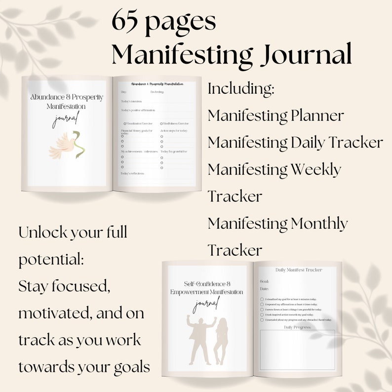 K&ouml;nnte beinhalten: Ein 65-seitiges Manifestationsjournal mit einem hellbraunen Einband. Das Journal enth&auml;lt einen Planer, einen t&auml;glichen Tracker, einen w&ouml;chentlichen Tracker und einen monatlichen Tracker. Der Text auf dem Einband lautet "65 Seiten Manifestationsjournal".
