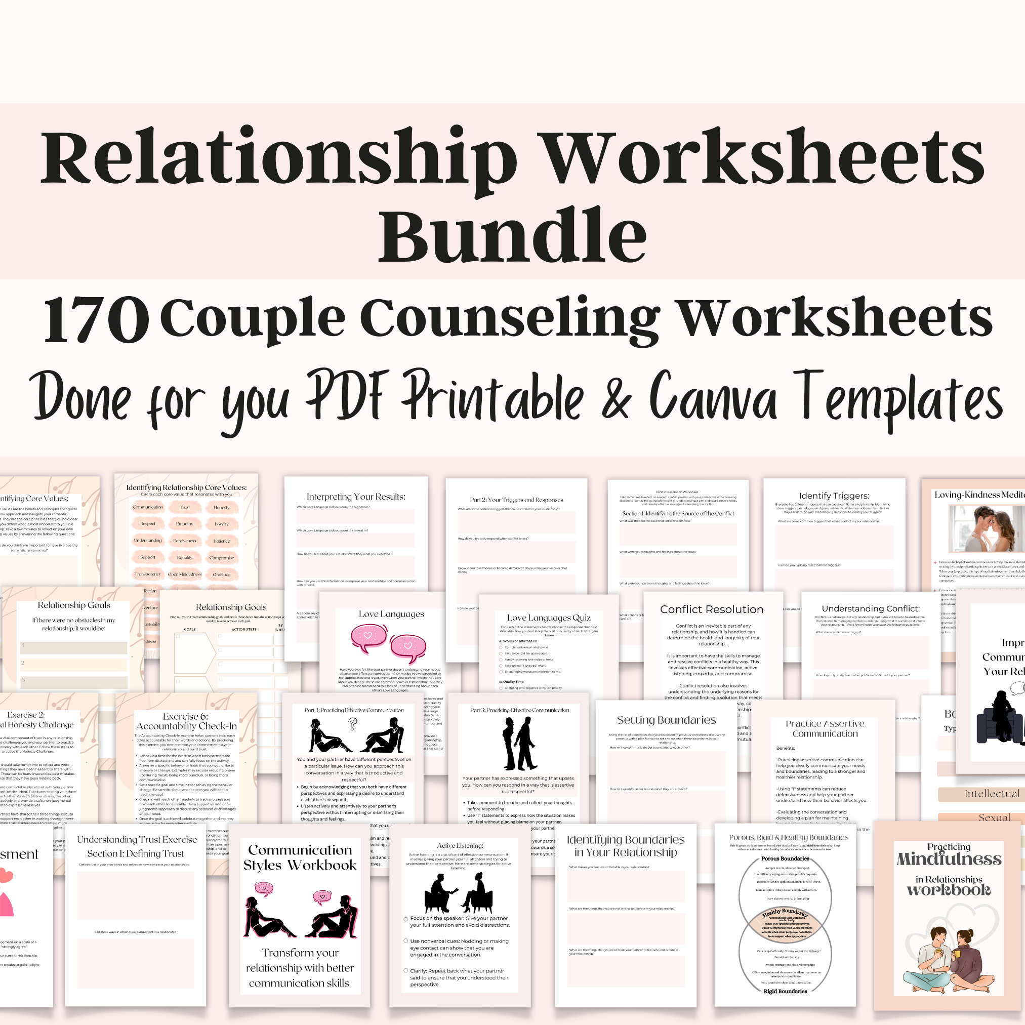 Relationship Journal Planner and Worksheet Set 56 Pages PRINTABLE Large  Bundle Couples Therapy Self Care Love Language Quiz Letter Size PDF 