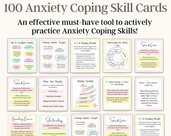 May include: A set of 100 colorful cards with tips and techniques for coping with anxiety. The cards feature a variety of methods, including breathing exercises, grounding techniques, and challenging negative thoughts. The cards are designed to help individuals manage anxiety and promote mental well-being.