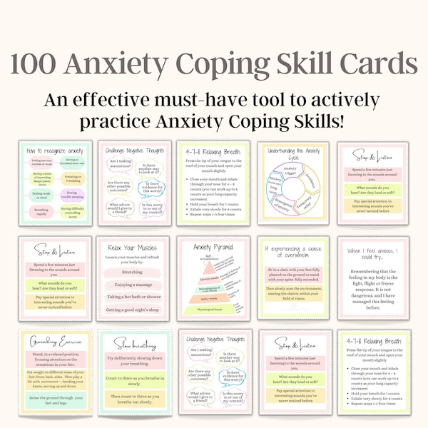 Anxiety Coping Cards, Anxiety affirmation cards, Anxiety Flash Cards, Coping Skills Cards, Therapy tools,  DBT Cards, Life Coaching Tools