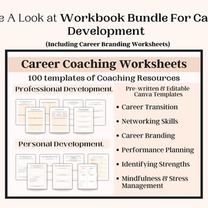 Op de afbeelding: Een roze en witte digitale download voor carri&egrave;re-coaching werkbladen. De afbeelding toont een voorvertoning van de werkbladen, die 100 sjablonen voor coaching-bronnen voor professionele en persoonlijke ontwikkeling bevatten. De tekst "Career Coaching Worksheets" staat bovenaan de afbeelding. De tekst "100 templates of Coaching Resources" staat onder de titel. De tekst "Professional Development" staat in de linkerbovenhoek van de afbeelding. De tekst "Personal Development" staat in de linkerbenedenhoek van de afbeelding. De tekst "Pre-written & Editable Canva Templates" staat in de rechterbovenhoek van de afbeelding. De tekst "Career Transition", "Networking Skills", "Career Branding", "Performance Planning", "Identifying Strengths" en "Mindfulness & Stress Management" staan in de rechterkolom van de afbeelding.