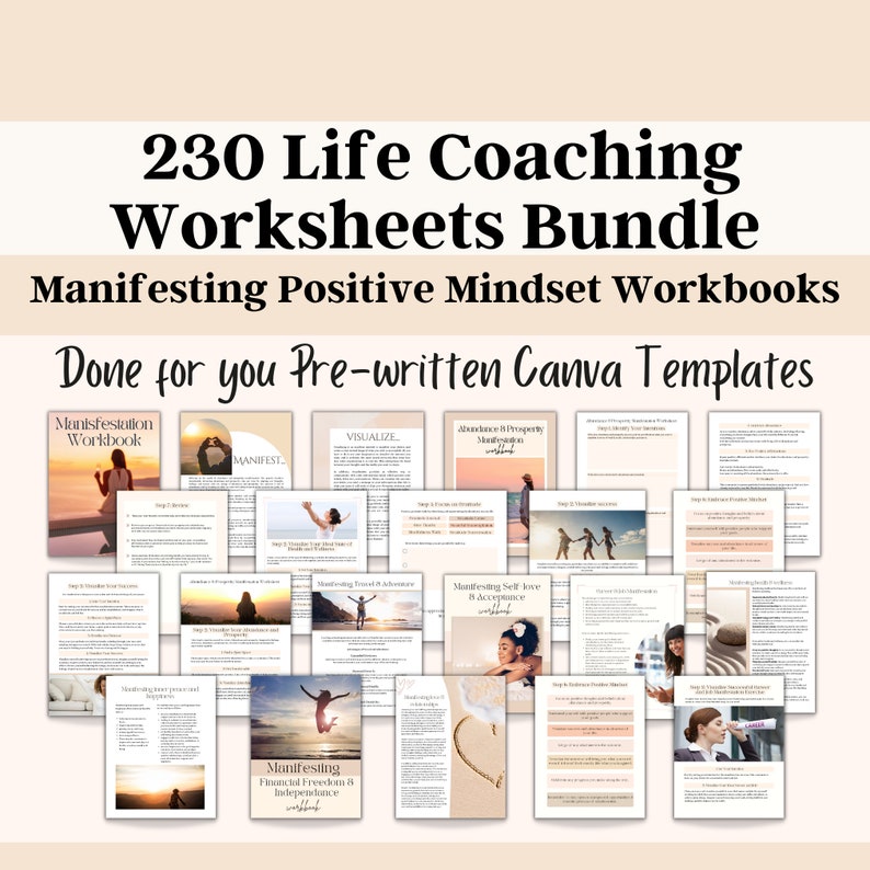 230 Manifestation Coaching Worksheet Templates also including Manifesting Journal, Manifesting Planner, and Manifestation Affirmation Cards, to help attract positive energy ,abundance and to manifest dreams and goals into your life with ease.