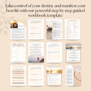 K&ouml;nnte beinhalten: Eine Workbook-Vorlage mit beigefarbenem Hintergrund und goldenen Akzenten. Die Seiten enthalten Abschnitte mit den Titeln "Manifest", "Lebensziele", "Schritt 6: Negative Denkweise eliminieren", "Schritt 7:  Begrenzende &Uuml;berzeugungen in Frage stellen", "Schritt 8:  F&uuml;lle entdecken", "Schritt 9:  Handeln", "Schritt 5:  Selbstpflege", "Tr&auml;ume in Erfolg manifestieren", "Frieden, Freiheit und Unabh&auml;ngigkeit manifestieren", "Liebe in deinem Leben manifestieren".