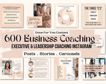 Puede incluir: Un gráfico rosa y blanco con el texto "600 Business Coaching" y "Executive & Leadership Coaching Instagram" en texto negro. El gráfico también incluye el texto "Posts. Stories. Carousels" en texto negro. El gráfico está sobre un fondo rosa y blanco.