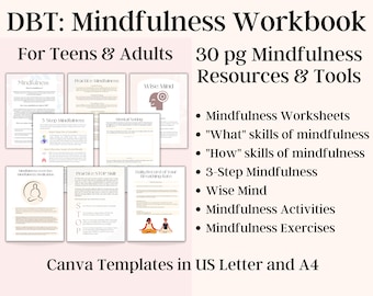 DBT Workbook, DBT skills, Therapy Worksheets for Mindfulness, Wise Mind Worksheets, DBT Skills, Coaching Worksheets for Mindfulness