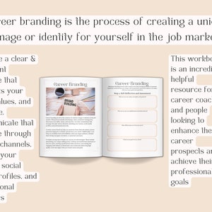 Op de afbeelding: Een werkboek met de titel "Career Branding" met een witte achtergrond en zwarte tekst. Het werkboek is open op een pagina met een sectie met de titel "Stap 1: Zelfreflectie en beoordeling". Het werkboek is een bron voor carri&egrave;recoaches en mensen die hun carri&egrave;remogelijkheden willen verbeteren en hun professionele doelen willen bereiken.