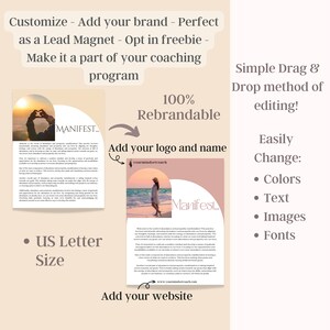 K&ouml;nnte beinhalten: Eine rosa und wei&szlig;e digitale Download-Vorlage f&uuml;r ein Coaching-Programm. Die Vorlage zeigt eine Strandszene mit einer Frau in einem wei&szlig;en Kleid und dem Text "Manifest..." Die Vorlage ist anpassbar mit Ihrem Logo, Ihrem Namen und Ihrer Website. Der Text "100% Rebrandable" und "Einfache Drag & Drop-Methode zum Bearbeiten!" ist ebenfalls enthalten. Die Vorlage ist einfach anpassbar mit Farben, Text, Bildern und Schriftarten.