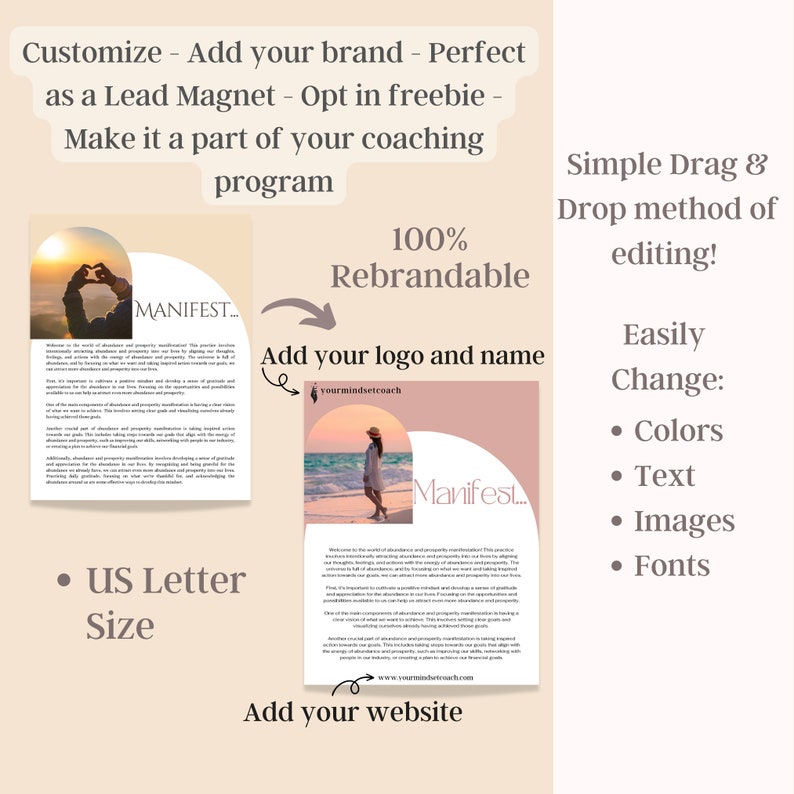 K&ouml;nnte beinhalten: Eine rosa und wei&szlig;e digitale Download-Vorlage f&uuml;r ein Coaching-Programm. Die Vorlage zeigt eine Strandszene mit einer Frau in einem wei&szlig;en Kleid und dem Text "Manifest..." Die Vorlage ist anpassbar mit Ihrem Logo, Ihrem Namen und Ihrer Website. Der Text "100% Rebrandable" und "Einfache Drag & Drop-Methode zum Bearbeiten!" ist ebenfalls enthalten. Die Vorlage ist einfach anpassbar mit Farben, Text, Bildern und Schriftarten.