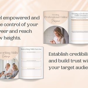 Op de afbeelding: Een open boek met een roze achtergrond en de tekst "Feel empowered and take control of your career and reach new heights." Het boek heeft twee pagina's, een met een foto van mensen die netwerken en de andere met een foto van een vrouw die een telefoon gebruikt. De tekst "Networking Skills Exercise" staat op de pagina met de foto van de mensen die netwerken. De tekst "Creating a Professional Online Presence" staat op de pagina met de foto van de vrouw die een telefoon gebruikt.