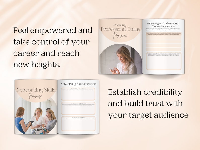 Op de afbeelding: Een open boek met een roze achtergrond en de tekst "Feel empowered and take control of your career and reach new heights." Het boek heeft twee pagina's, een met een foto van mensen die netwerken en de andere met een foto van een vrouw die een telefoon gebruikt. De tekst "Networking Skills Exercise" staat op de pagina met de foto van de mensen die netwerken. De tekst "Creating a Professional Online Presence" staat op de pagina met de foto van de vrouw die een telefoon gebruikt.