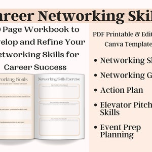 May include: A 30-page workbook with a pink cover that helps you develop and refine your networking skills for career success. The workbook includes sections on networking goals, skills, action plan, elevator pitch, and event prep planning. It is printable and editable in Canva.