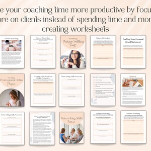 Op de afbeelding: Een set printbare werkbladen voor coaches om hen te helpen een uniek verkoopargument te cre&euml;ren, een persoonlijke merkverklaring te formuleren en netwerkvaardigheden te ontwikkelen. De werkbladen zijn ontworpen om coaches te helpen zich te concentreren op hun klanten in plaats van tijd en geld te besteden aan het maken van hun eigen materialen.